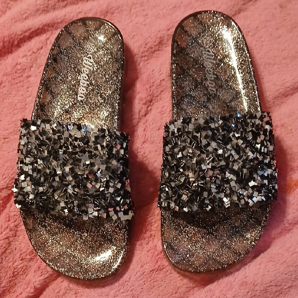 Glitter Embellished Slide Sandals - Metallic Black
